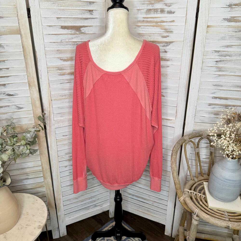 FREE PEOPLE Women's Large Santa Clara Oversized V Neck Thermal Sweater Top Pink - Picture 12 of 14